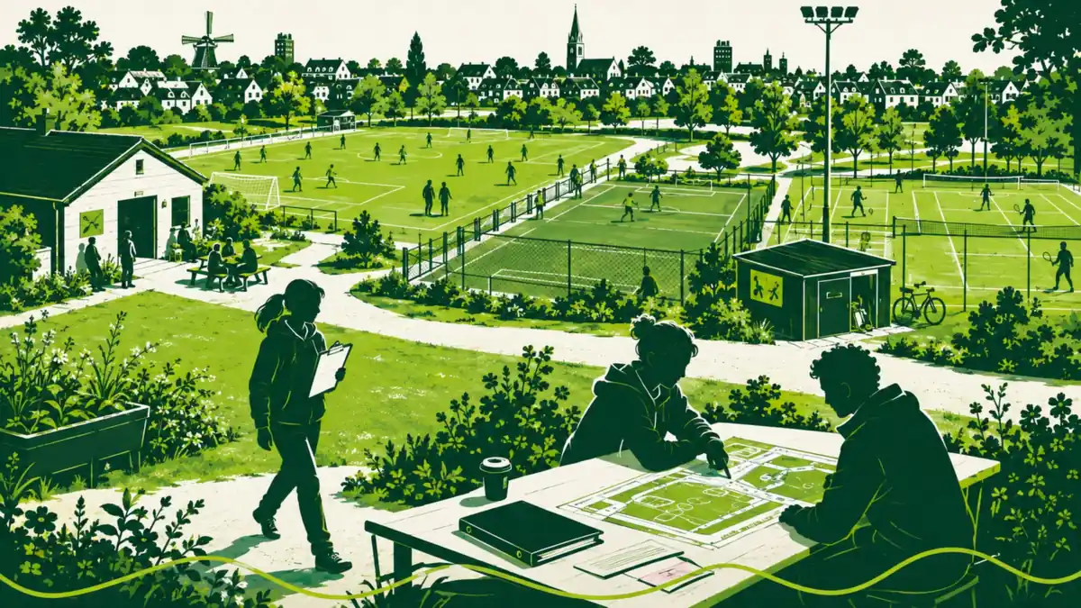 Gegevens over sportaccommodaties: twee figuren vergelijken een plattegrond met een map documenten, met voetbalveld en tennisbanen op de achtergrond