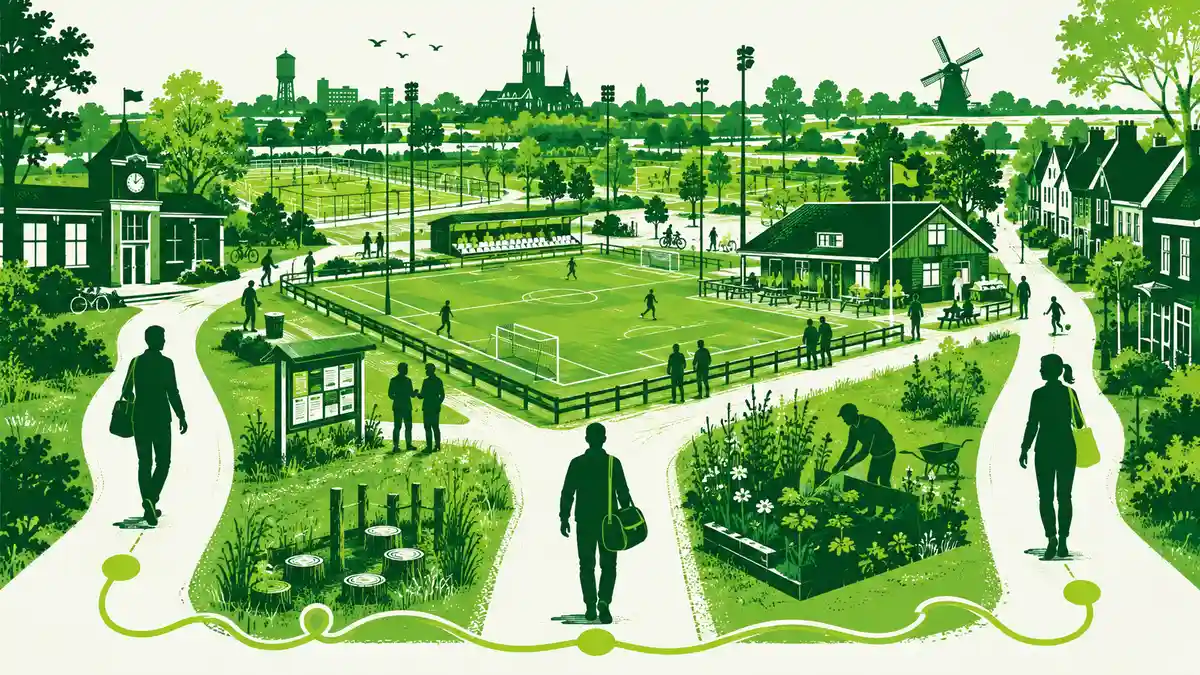Sportpark en gemeente: een sportparkgebouw verbonden met een gemeentehuis, een kantoorgebouw en een groep sporters