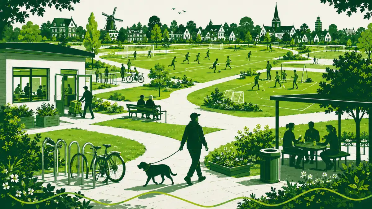 Een vitaal sportpark: paden verbinden een clubgebouw, speelvelden, een bankje en een overdekte ontmoetingsplek tot een geheel