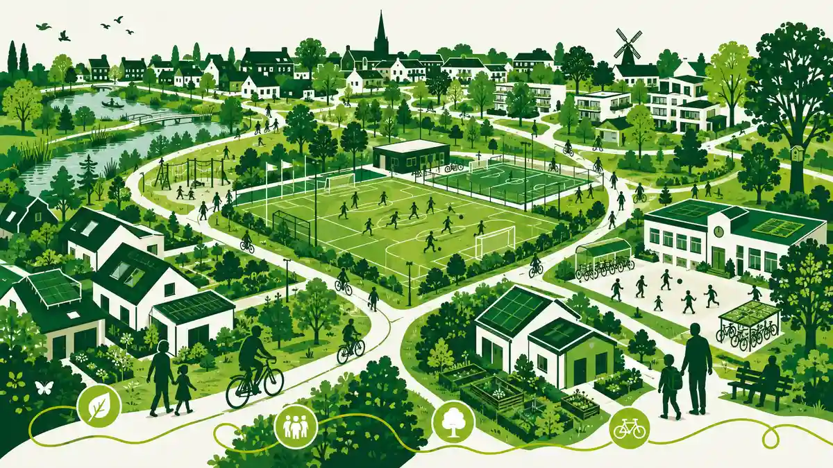Sportpark en gebiedsontwikkeling: een sportveld dat overgaat in een woonwijk met groen en wandelpaden