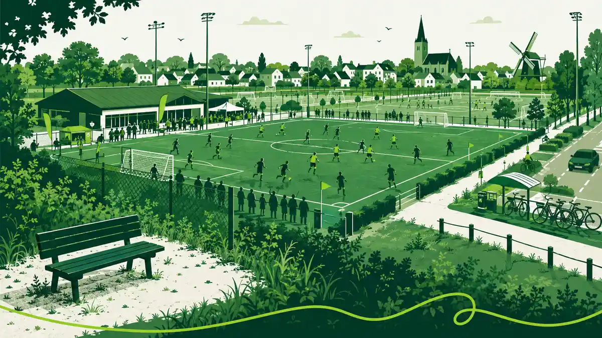 Maatschappelijke waarde van een sportpark: een druk voetbalveld met daarnaast een oudere man alleen op een bankje