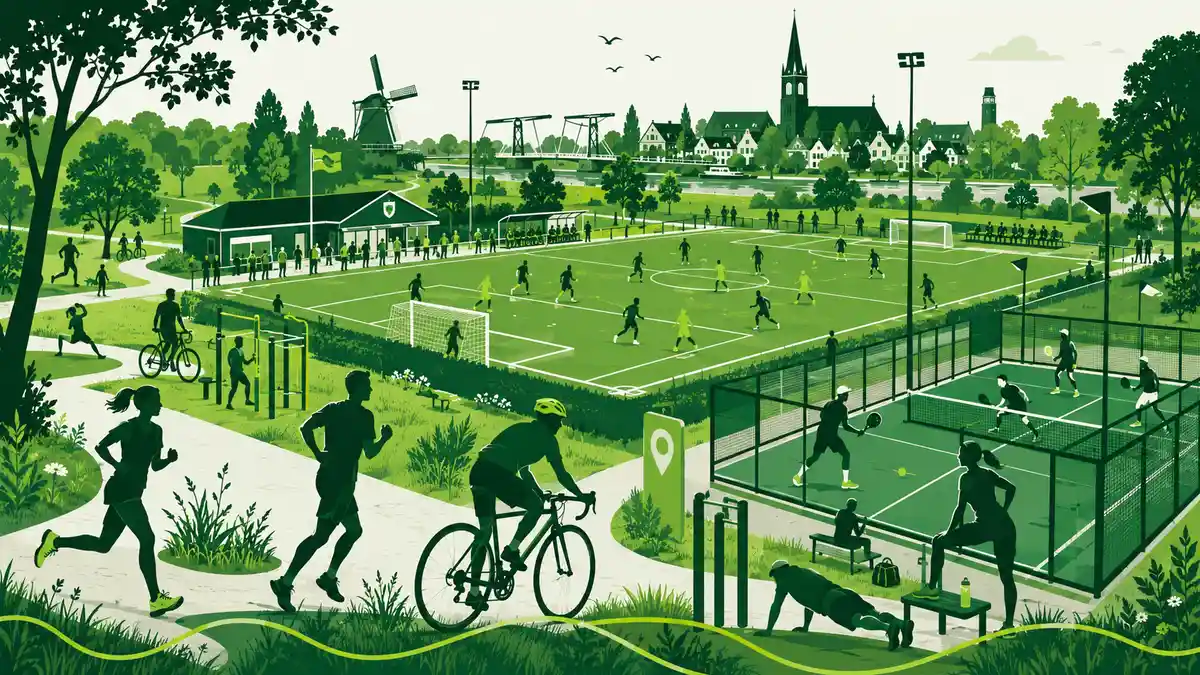 Veranderend sportgedrag en sportpark activering: hardlopers en fietsers naast een sportveld in een park