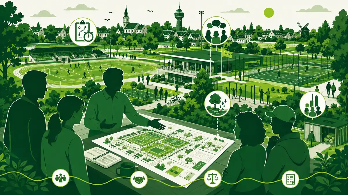 Drie silhouetten van verschillende verenigingen bij een tafel met plan en thermoskan op een Sportpark, met een pad van fasemarkers naar een paviljoen waar meer mensen samenkomen