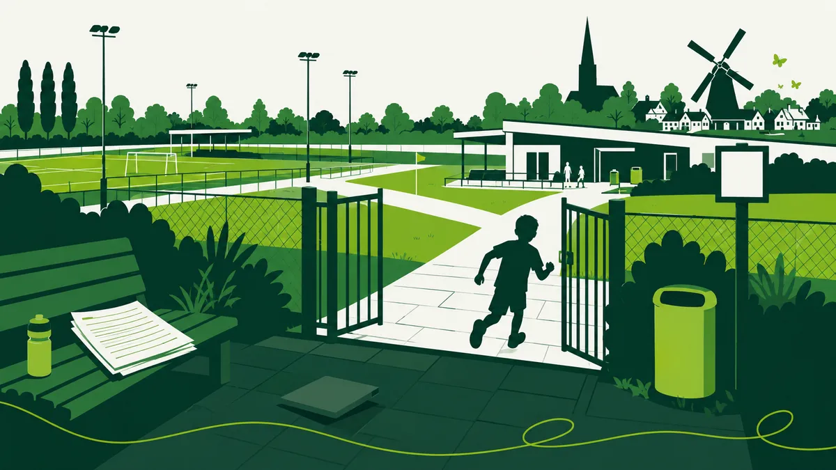 Openstelling sportpark, aansprakelijkheid: een kind rent zonder begeleiding door een open hek, met een opgewipte stoeptegel en een document