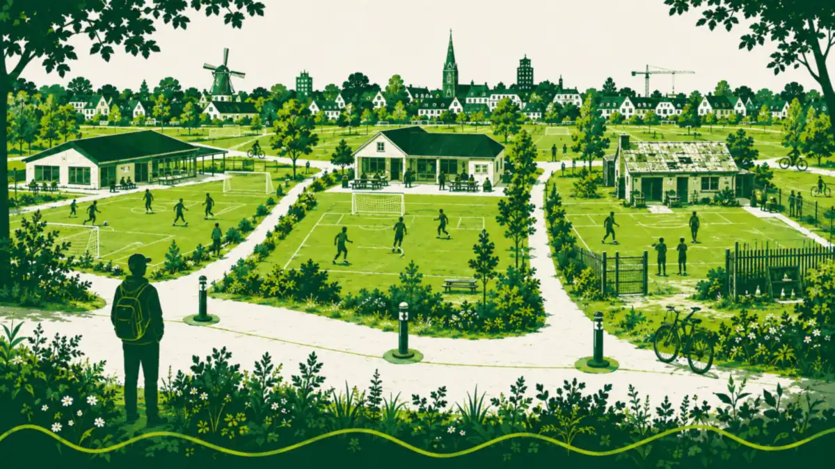Beleid en planning van sportaccommodaties: drie locaties naast elkaar met clubgebouwen van verschillende ouderdom, verbonden door een pad met markers