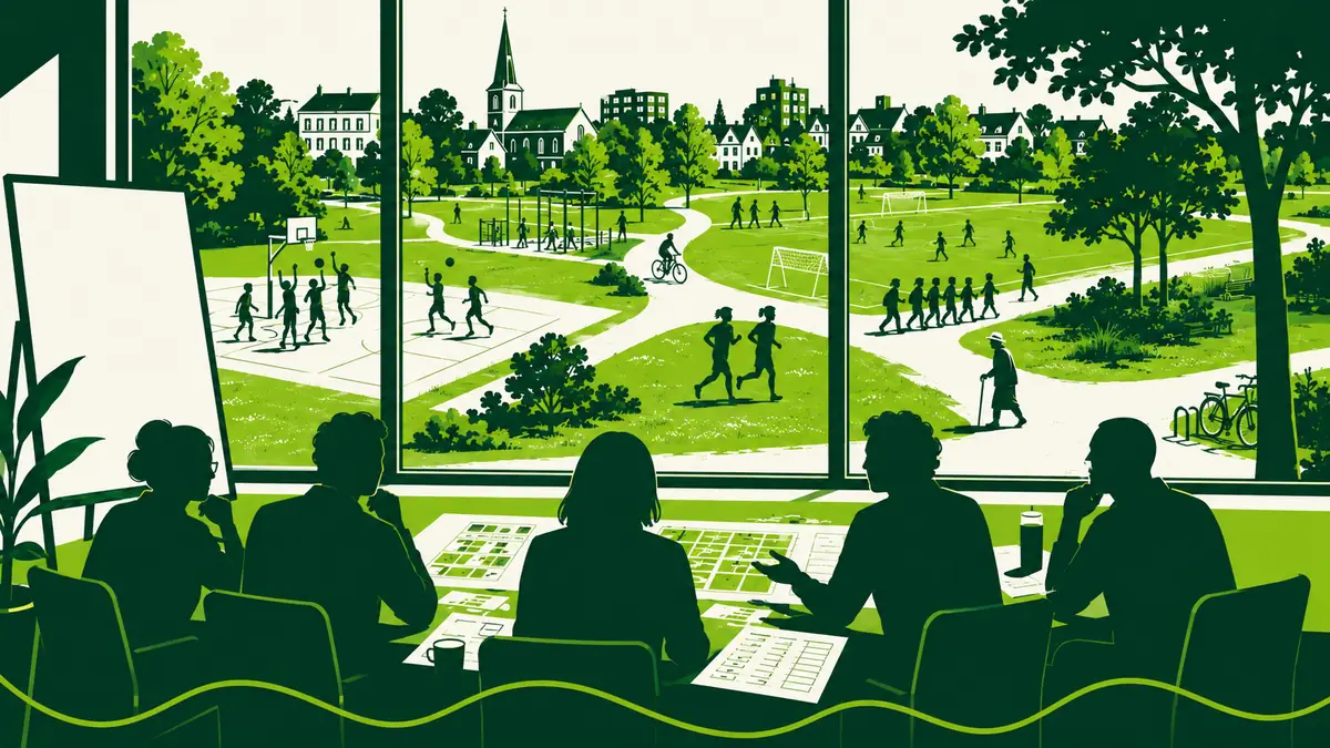 Maatschappelijke waarde van een sportpark onderbouwen: een overleg bij een leeg presentatiebord, met uitzicht op een druk gebruikt park