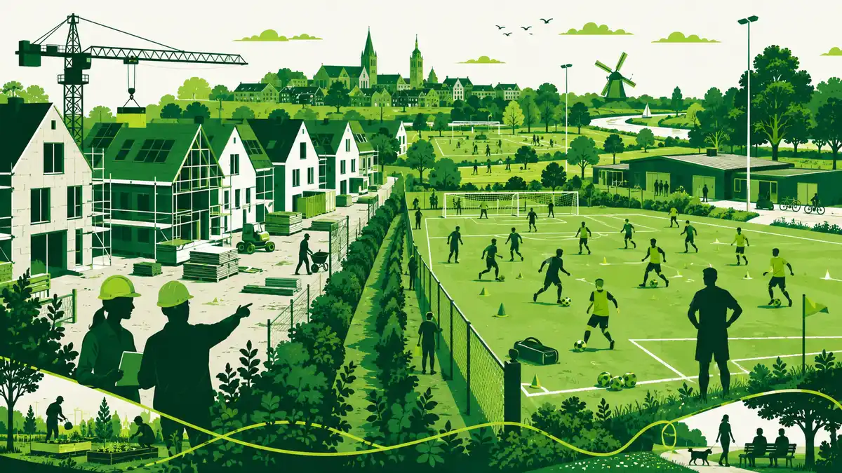 Sportpark en woningbouw: een sportveld grenzend aan een bouwterrein met de eerste nieuwe woningen