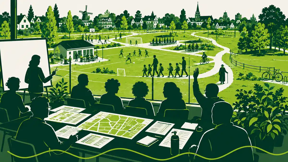 Participatie op een sportpark: een zaal met stoelenrijen naast een tafel waaraan een kleine groep samen over plattegronden buigt