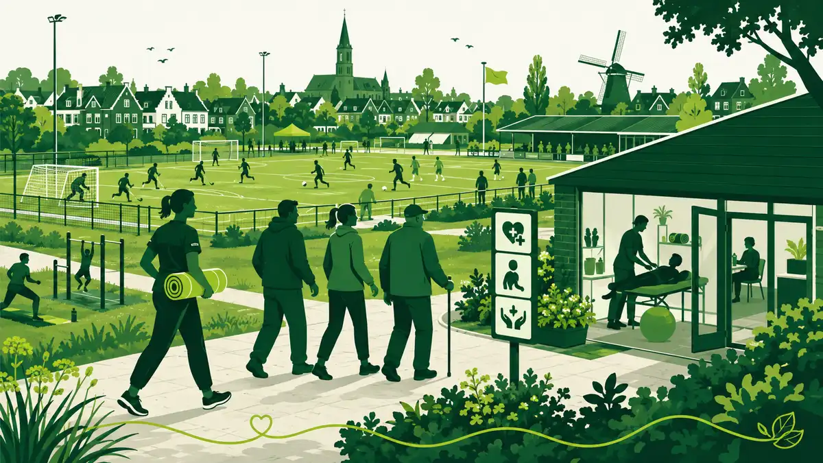 AZWA en het sportpark: een professional en een oudere bewoner in gesprek op een terras, met wandelende ouderen, spelende kinderen en een voetbalveld op de achtergrond