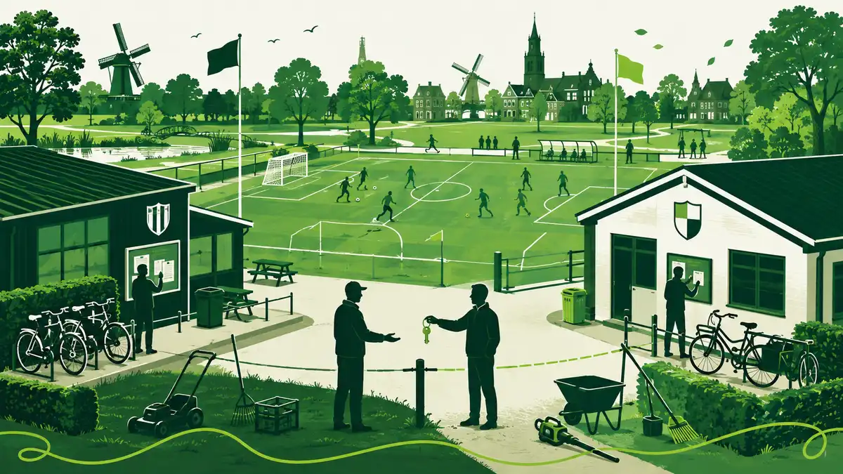 Gedeeld gebruik van sportaccommodaties: een leerkracht draagt een sleutel over aan een clubmedewerker terwijl schoolkinderen naar het sportveld lopen