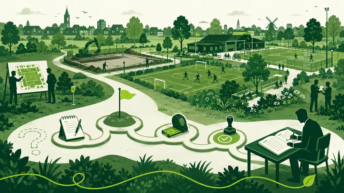 Een Sportpark ontwikkelen: een kronkelend pad van een schetsmatige vraag via een startnotitie, sportparkvisie en haalbaarheidsonderzoek naar een ondertekend besluit, met het sportpark op de achtergrond