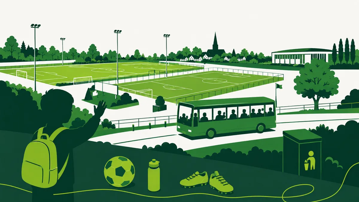 Schoolgebruik sportpark overdag: een busje met kinderen rijdt langs een leeg sportpark in de ochtend, met een sporthal aan de horizon