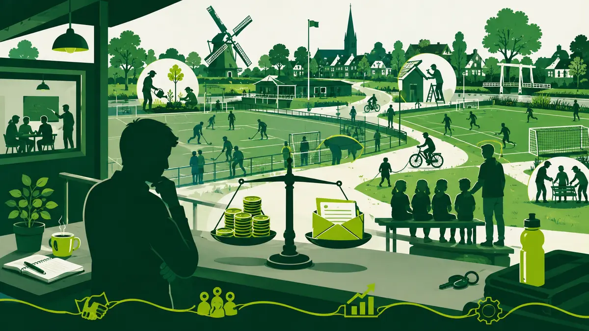 Exploitatietekort bij een sportpark: een bestuurder bestudeert met een vergrootglas een exploitatieoverzicht, met uitzicht op een leeg sportveld