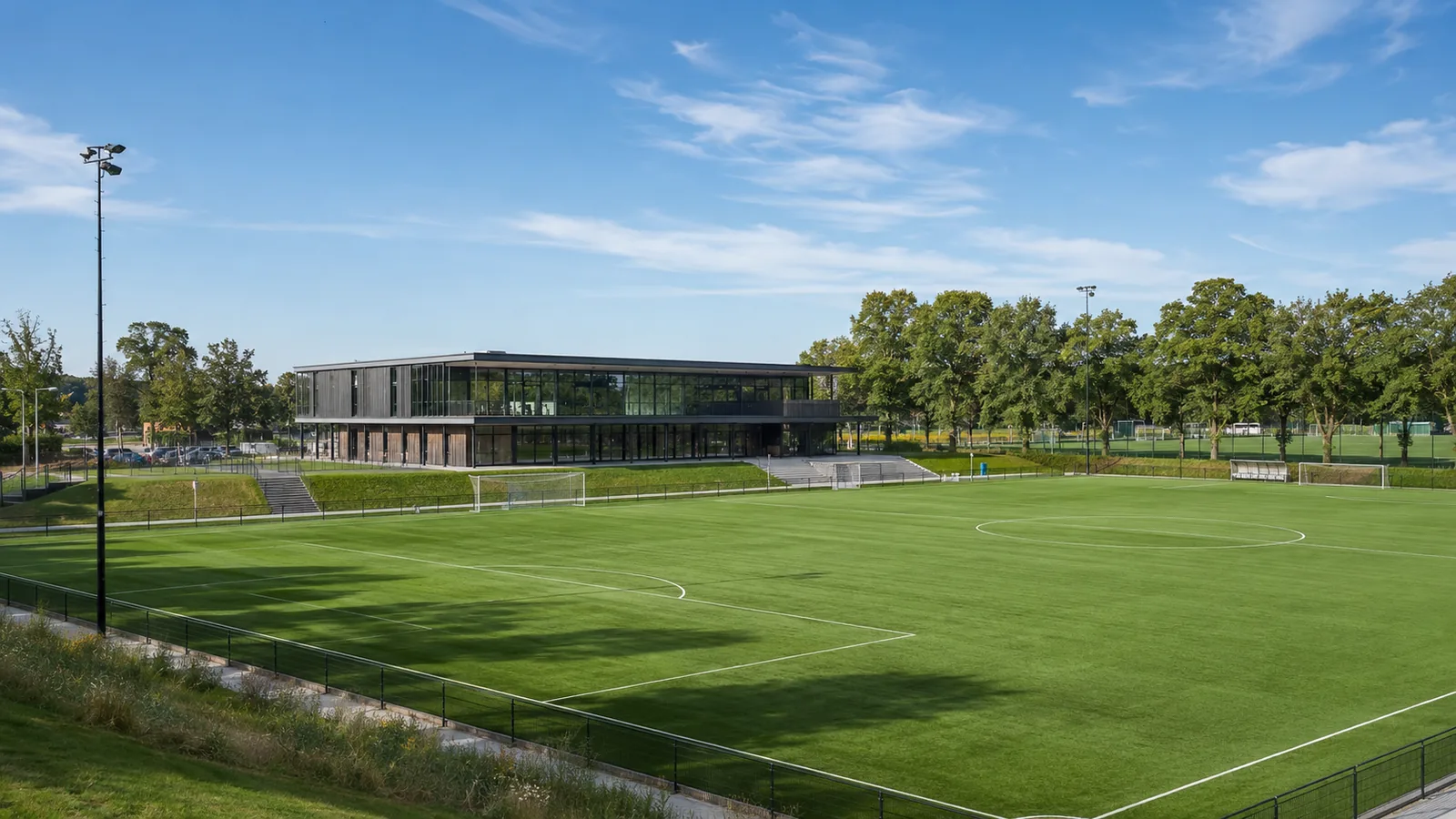 Sportaccommodatie advies: veld en clubgebouw op een Sportpark