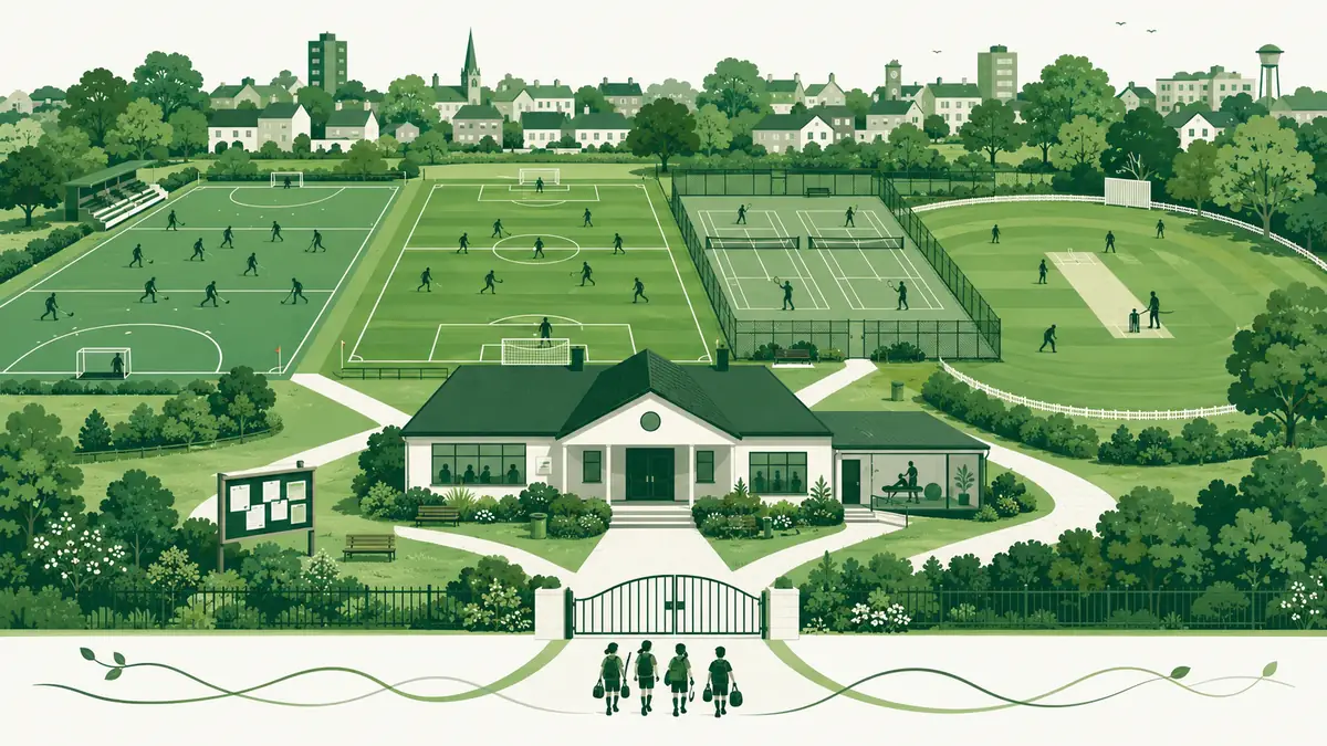 Omnivereniging op een sportpark: hockeyveld, voetbalveld, tennisbanen en cricketveld rond een gedeeld clubhuis waar de paden samenkomen