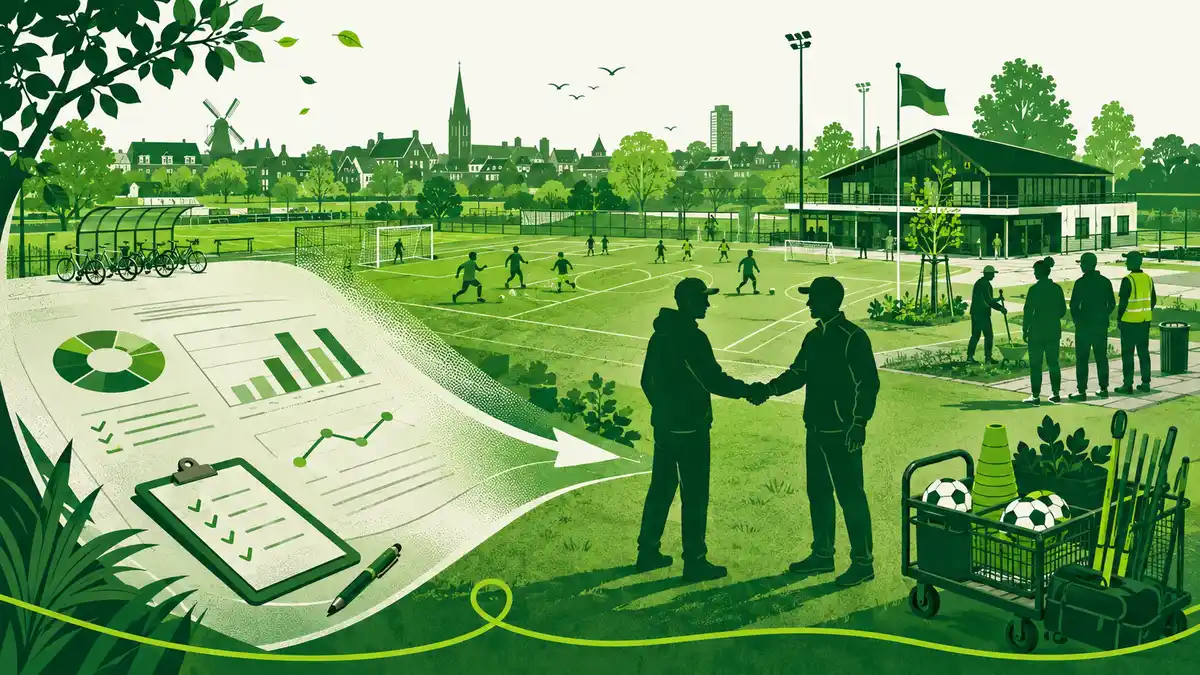 Samenwerking op een sportpark: tennisbanen, een gedeeld clubgebouw en een voetbalveld verbonden door paden met sporters van verschillende leeftijden