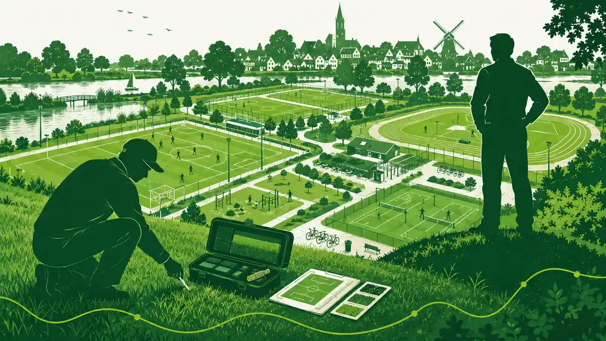 Sportpark advies: links een technisch adviseur die de grasmat meet, rechts mensen die elkaar de hand schudden bij het clubgebouw