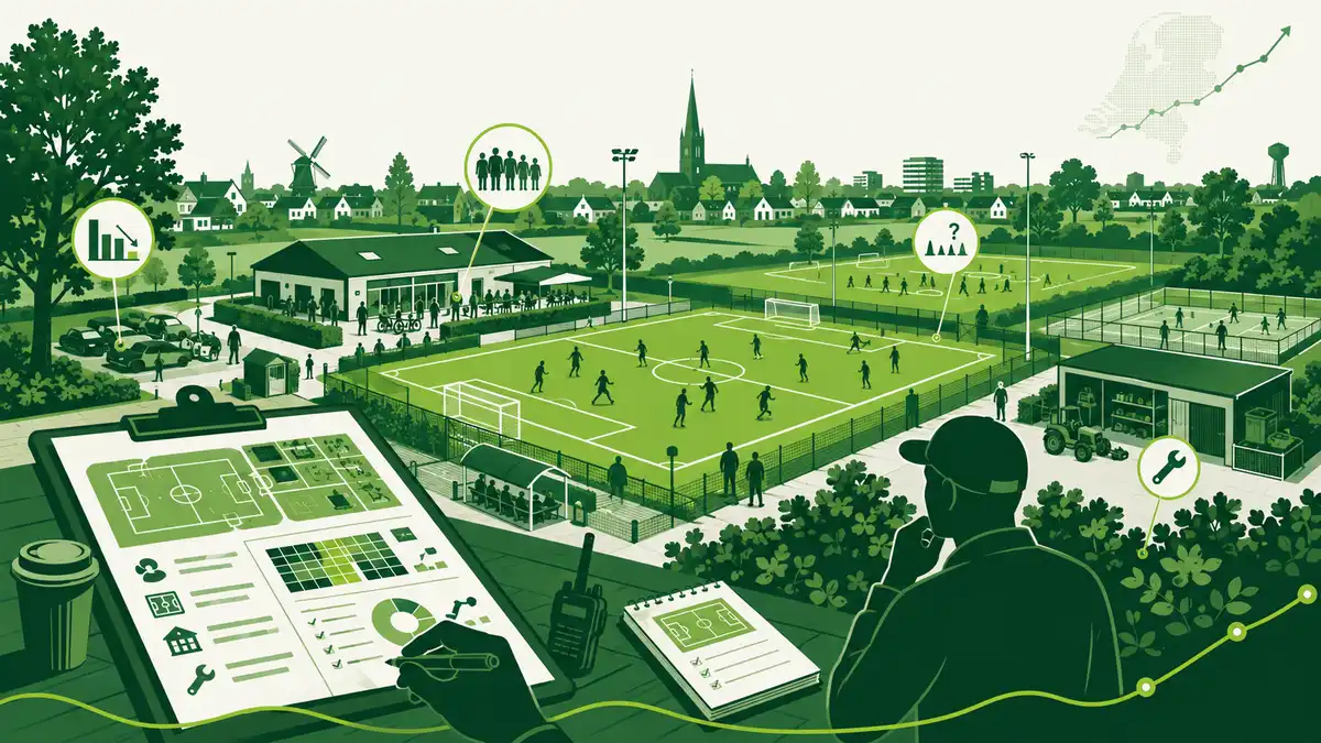 Sportpark ontwikkeling en landelijke groeicijfers: een adviseur plaatst groeipijlen op een kaart van Nederland, met een druk en een rustig sportveld op de achtergrond