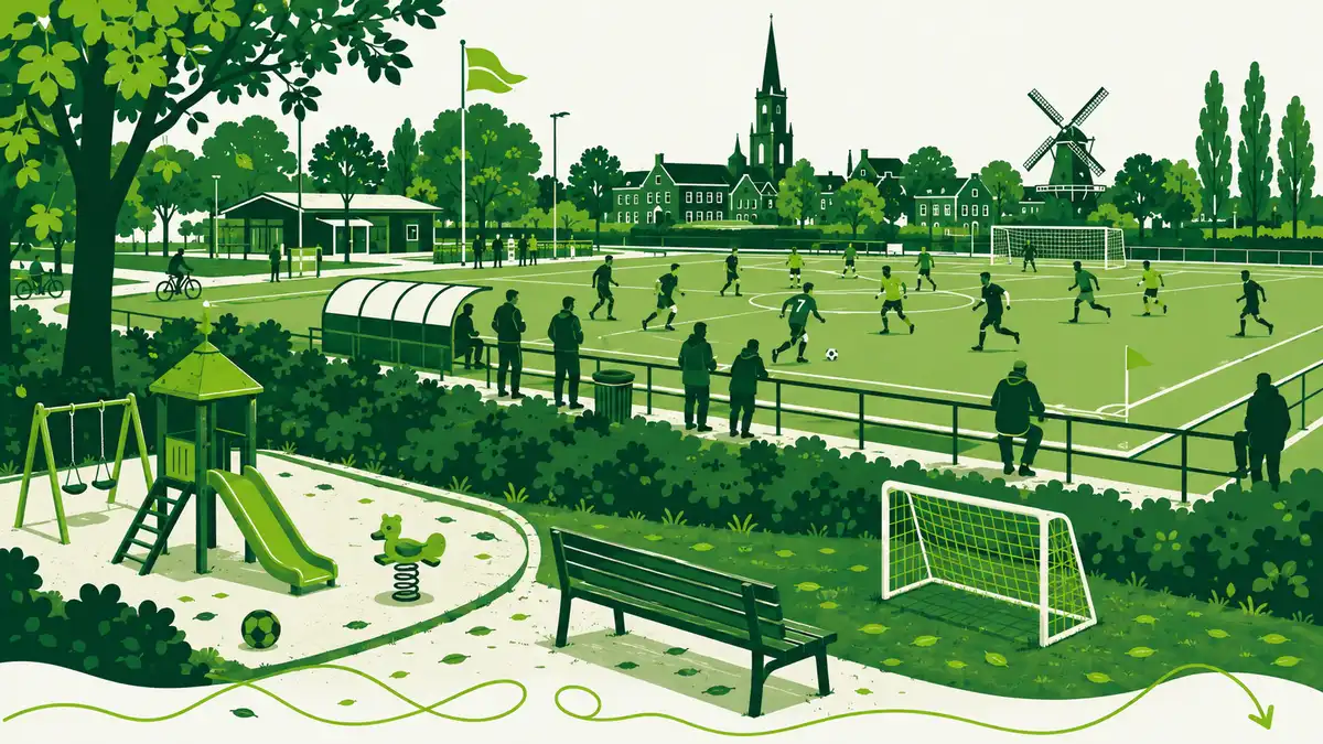 Natuurlijke aanwas en sportpark ontwikkeling: een man bestudeert met een vergrootglas een bevolkingspiramide, met voetballende kinderen en sportende ouderen op de achtergrond