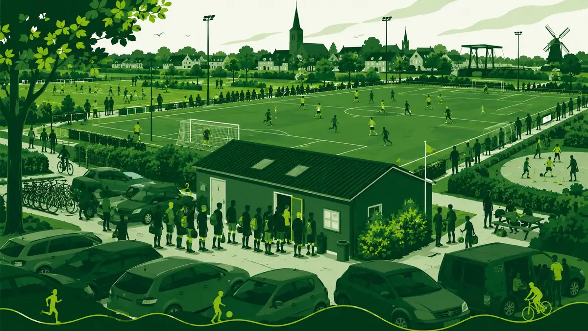 Sportparkcapaciteit in beeld: een beheerder test de grasmat naast een druk bespeeld voetbalveld, met clubgebouw en fietser op de achtergrond