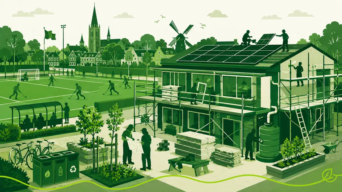 Verduurzaming van een sportpark: een gerenoveerde sporthal met zonnepanelen op het dak en groene beplanting
