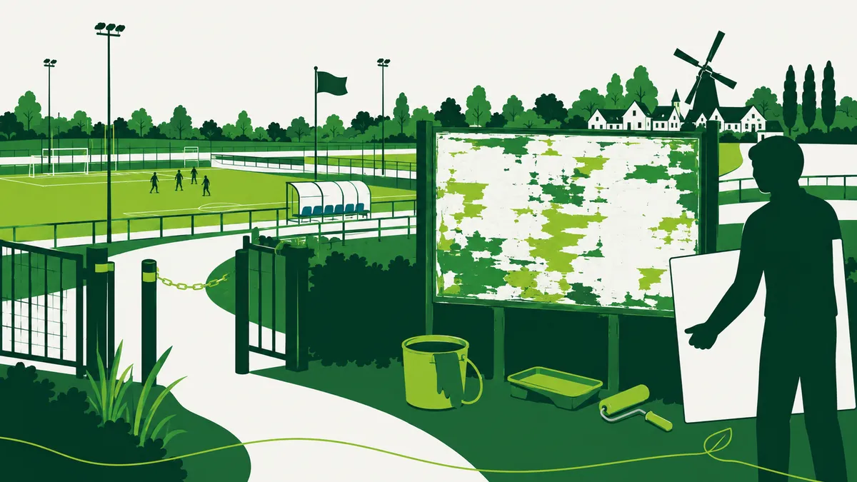 Huurtarieven sportpark: een oud bord bij de ingang met vele lagen overschildering, waarnaast iemand een schoon leeg bord vasthoudt