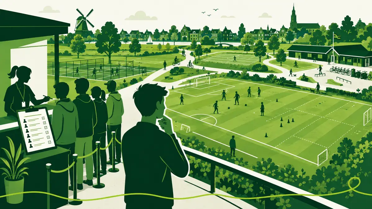 Wachtlijst bij een sportvereniging: een adviseur met klembord kijkt uit over een druk trainingsveld naast een leeg tennisveld