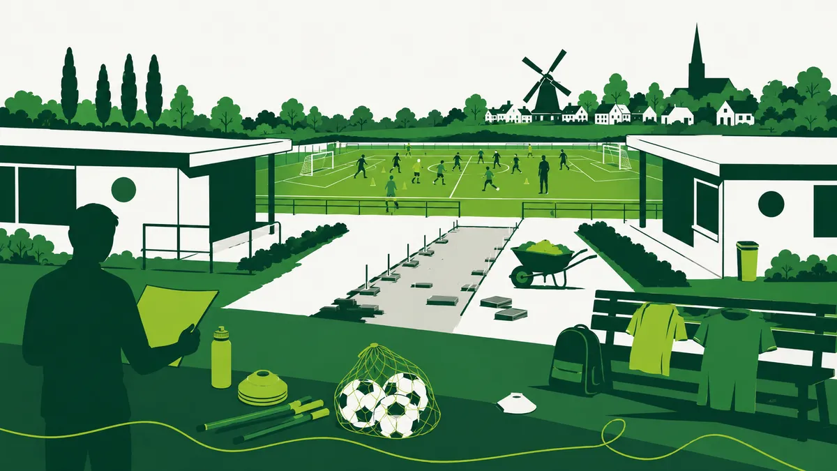 Fusie afgeketst, samen op een sportpark: twee clubhuizen met een half aangelegd verbindingspad, terwijl een gemengd jeugdteam op het veld doortraint