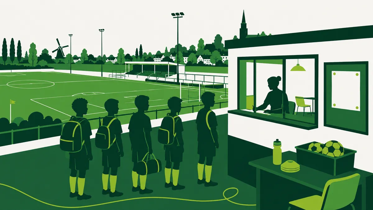 Bestuurstekort sportvereniging: jonge spelers wachten in een rij bij een gesloten balie, met een blanco mededeling op het prikbord