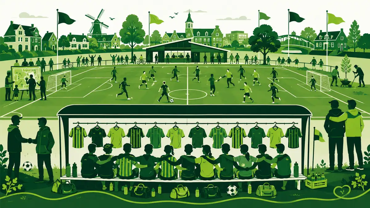 Sportverenigingen fuseren: twee kleinere clubgebouwen waarvan de paden samenkomen bij een groter gedeeld clubgebouw