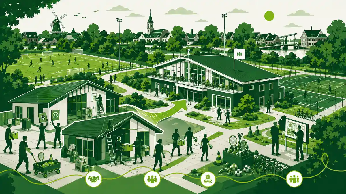 Clubhuis op een Sportpark waar leden stoelen opruimen en dozen inpakken, terwijl bestuurders in de deuropening elkaar de hand schudden