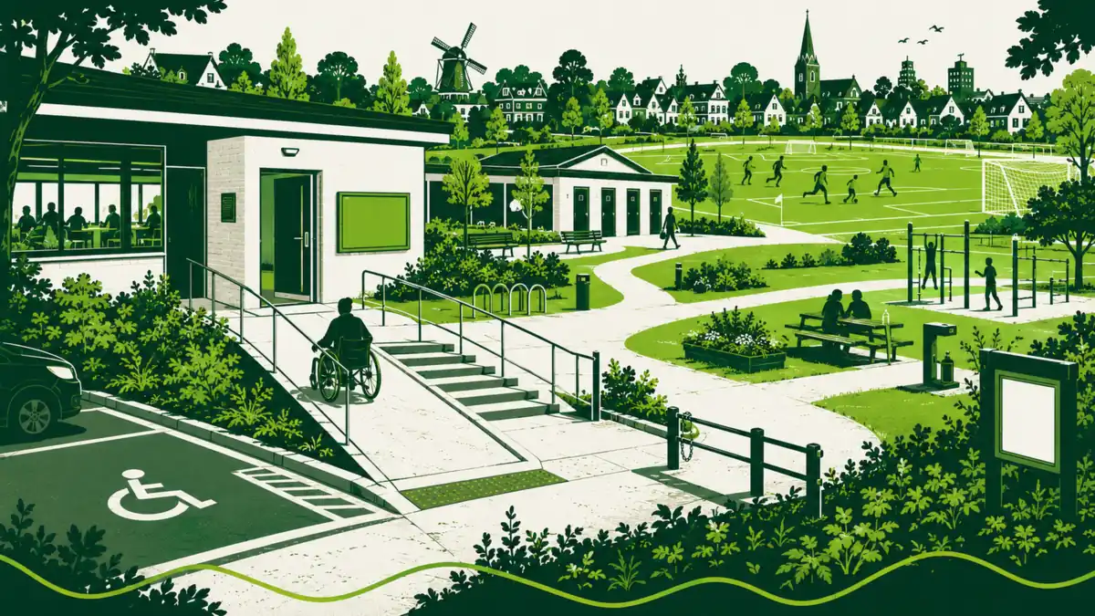 Toegankelijkheid van een sportpark: iemand in een rolstoel neemt de helling naast de trap, met een gehandicaptenparkeerplaats ernaast