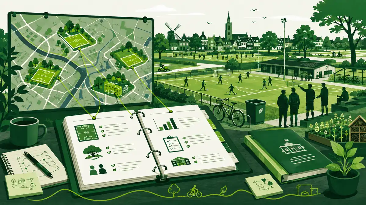 Sportaccommodatiebeleid van een gemeente: een beleidsmedewerker met een beleidsstuk, links een goed benut sportpark en rechts een verwaarloosd veld