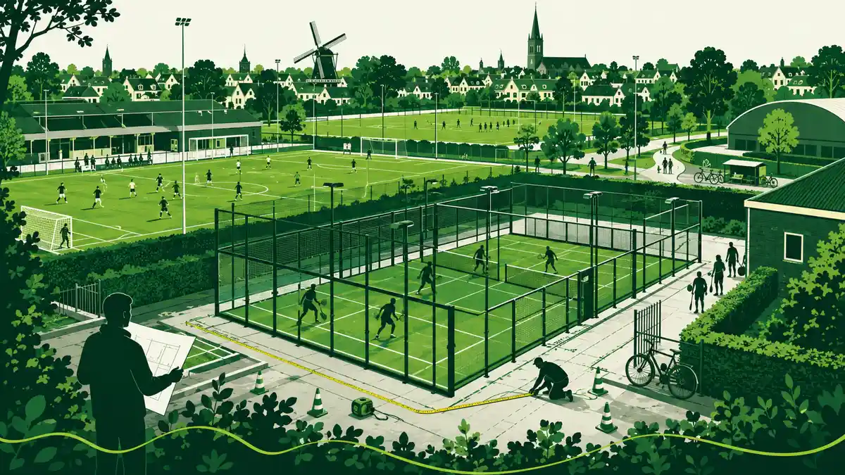 Padel op het sportpark: een uitzetter markeert nieuwe padelbanen naast een bespeeld voetbalveld