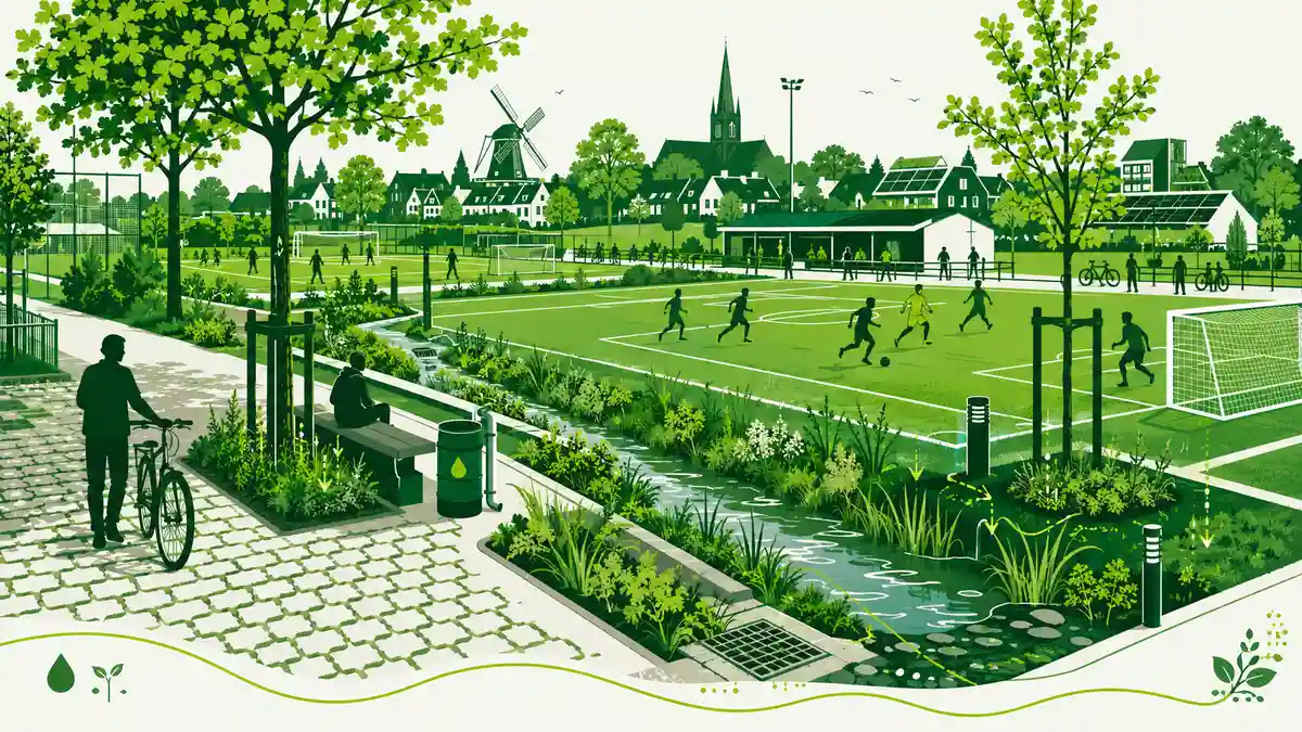 Klimaatbestendig sportpark: links regen op een nat veld, rechts zon, met de aanleg van waterberging onder het veld