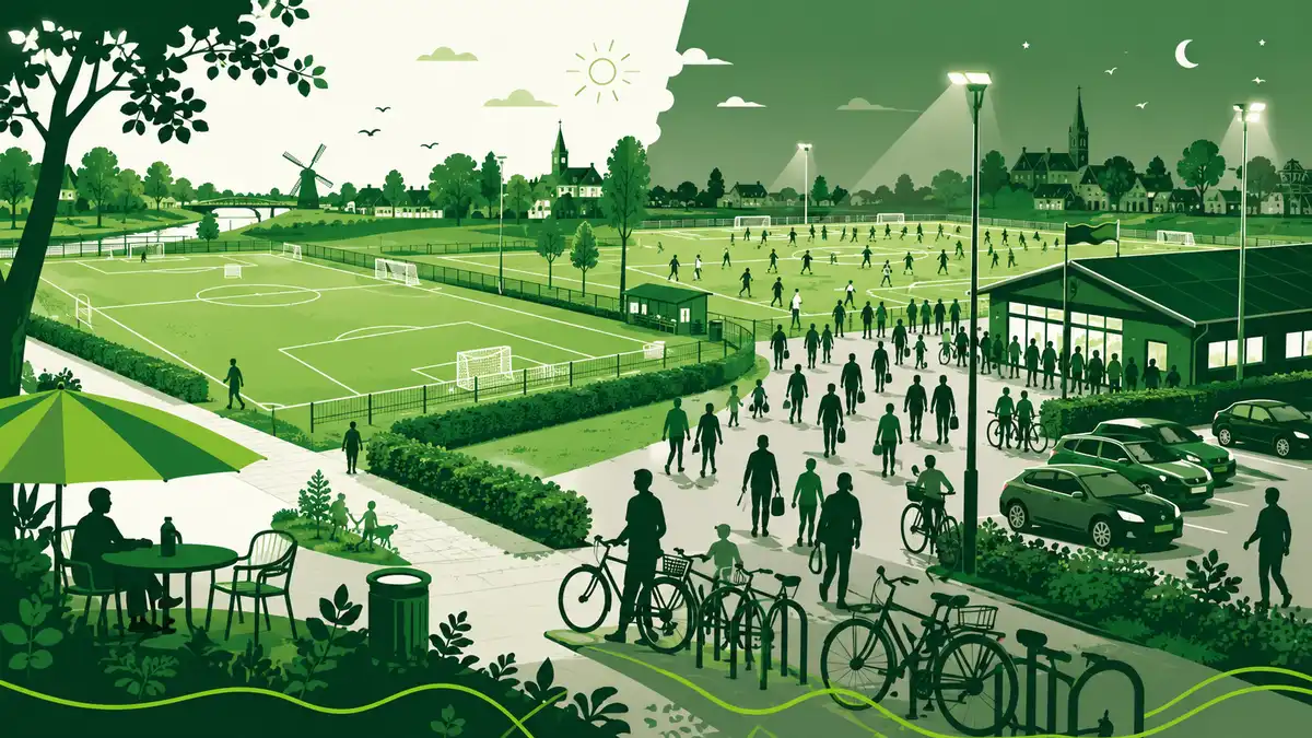 Piekdruk en leegstand op een sportpark: overdag leeg, 's avonds vol onder lichtmasten met geparkeerde auto's