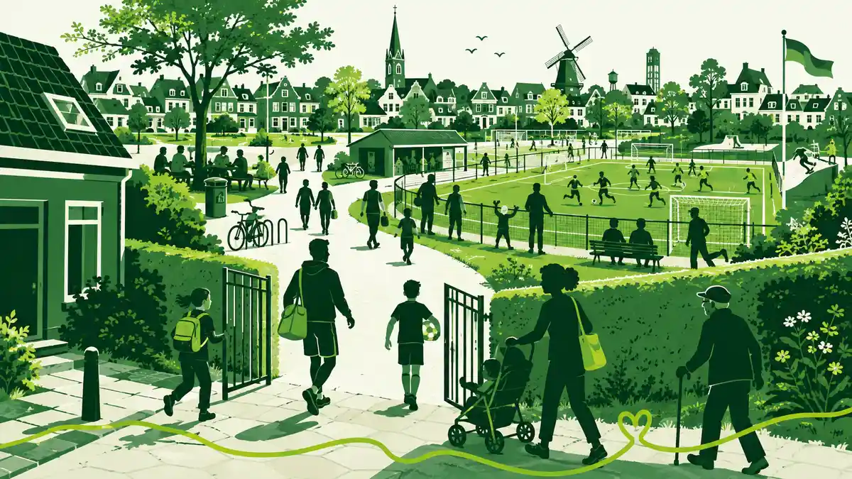 De rol van een sportpark in de wijk: een sportpark midden in een woonwijk met school, winkels en gezinnen die naar het veld lopen