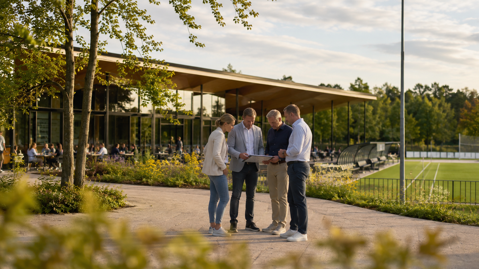 Vier mensen bespreken samen een document bij het clubgebouw van een Sportpark
