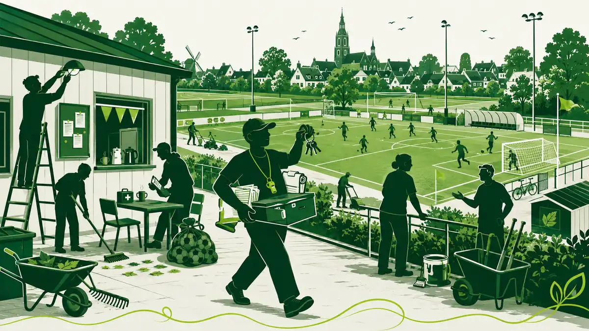 Vrijwilligers van een sportvereniging onder druk: iemand werkt 's avonds aan de keukentafel met uitzicht op een verlicht sportveld