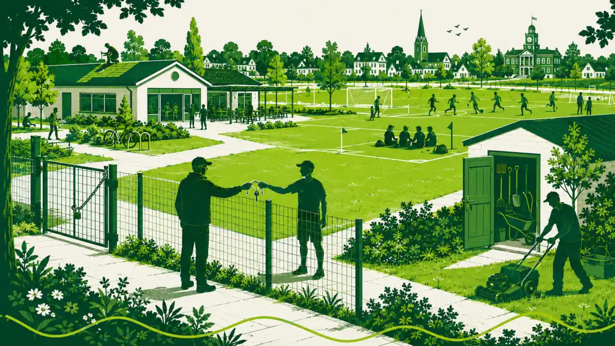 Dorpshuisfunctie van een sportpark: gezinnen en ouderen lopen 's avonds het clubgebouw binnen, het enige verlichte gebouw in het dorp